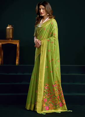 Light green cotton blend saree with floral meenakari pallu and gold zari border 2