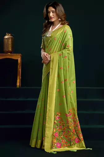 Light green cotton blend saree with floral meenakari pallu and gold zari border