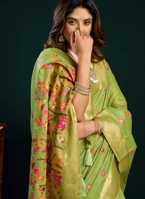 Light green cotton blend saree with floral meenakari pallu and gold zari border 4