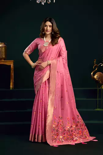 Pink cotton blend saree with floral meenakari pallu and gold zari border