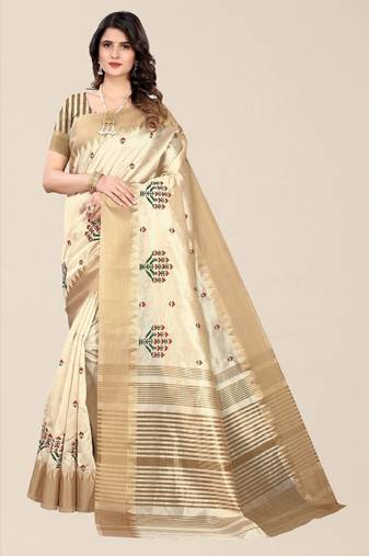 cream silk cotton mysore silk saree with floral zari design