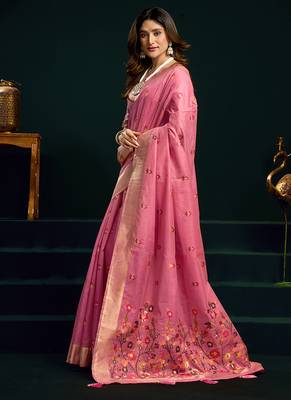 Pink cotton blend saree with floral meenakari pallu and gold zari border 2