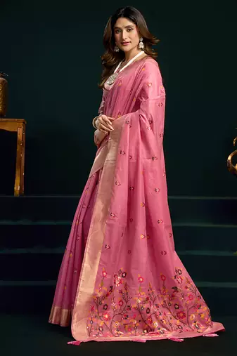 Pink cotton blend saree with floral meenakari pallu and gold zari border