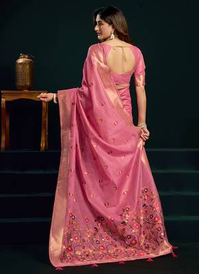 Pink cotton blend saree with floral meenakari pallu and gold zari border 3