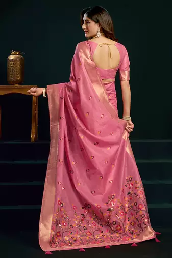 Pink cotton blend saree with floral meenakari pallu and gold zari border