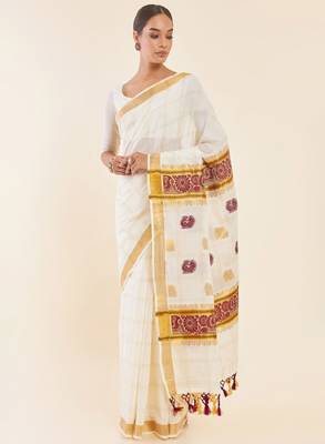 Off white & gold-toned ethnic motifs woven design zari pure cotton kasavu saree 1