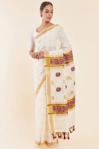 Off white & gold-toned ethnic motifs woven design zari pure cotton kasavu saree