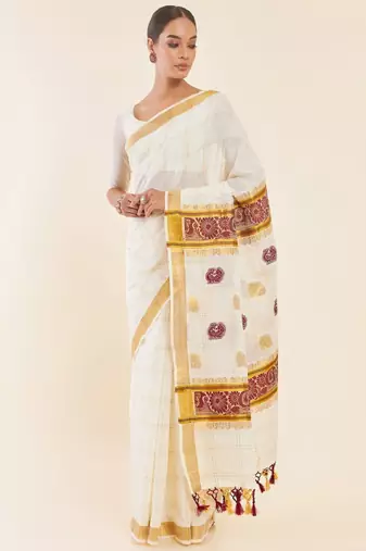 Off white & gold-toned ethnic motifs woven design zari pure cotton kasavu saree