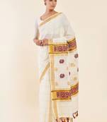 Off white & gold-toned ethnic motifs woven design zari pure cotton kasavu saree