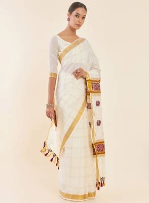 Off white & gold-toned ethnic motifs woven design zari pure cotton kasavu saree 2