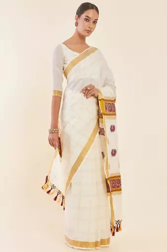 Off white & gold-toned ethnic motifs woven design zari pure cotton kasavu saree