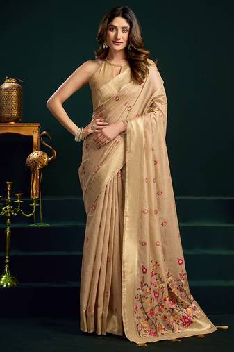 Beige cotton blend saree with floral meenakari pallu and gold zari border