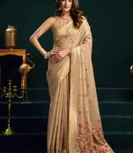 Beige cotton blend saree with floral meenakari pallu and gold zari border