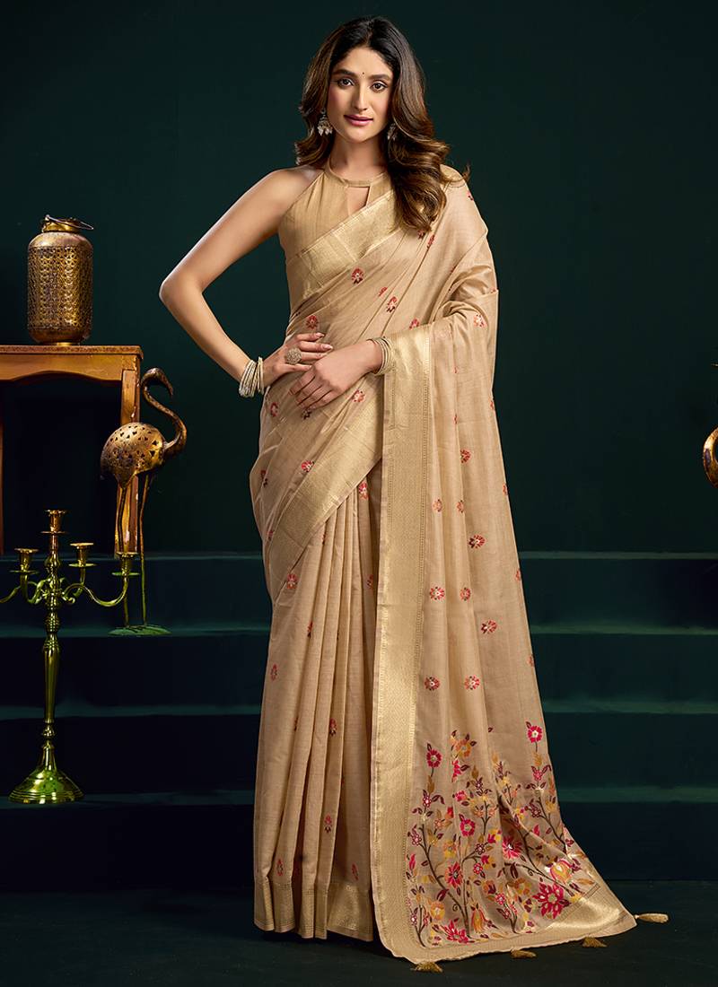 Beige cotton blend saree with floral meenakari pallu and gold zari border