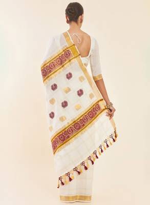 Off white & gold-toned ethnic motifs woven design zari pure cotton kasavu saree 3