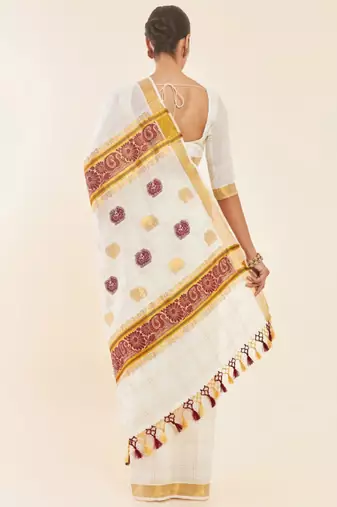 Off white & gold-toned ethnic motifs woven design zari pure cotton kasavu saree
