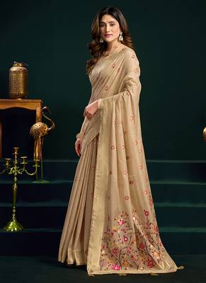 Beige cotton blend saree with floral meenakari pallu and gold zari border 2