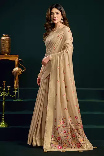 Beige cotton blend saree with floral meenakari pallu and gold zari border