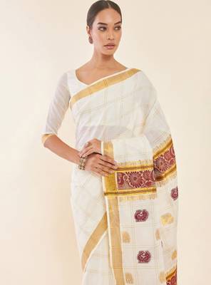 Off white & gold-toned ethnic motifs woven design zari pure cotton kasavu saree 4