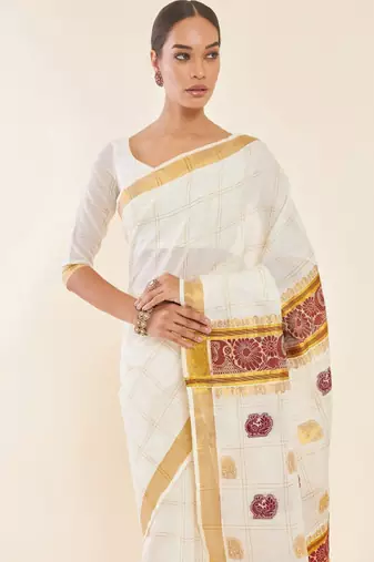 Off white & gold-toned ethnic motifs woven design zari pure cotton kasavu saree