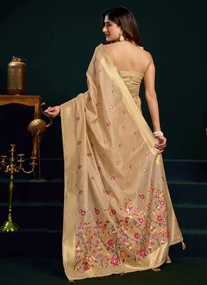 Beige cotton blend saree with floral meenakari pallu and gold zari border 3