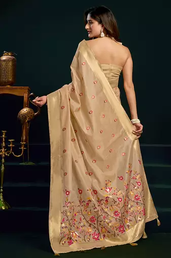 Beige cotton blend saree with floral meenakari pallu and gold zari border