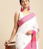 White & pink geometric design pure cotton taant saree
