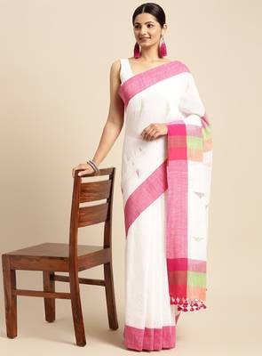 White & pink geometric design pure cotton taant saree 2