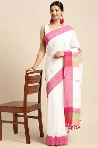 White & pink geometric design pure cotton taant saree