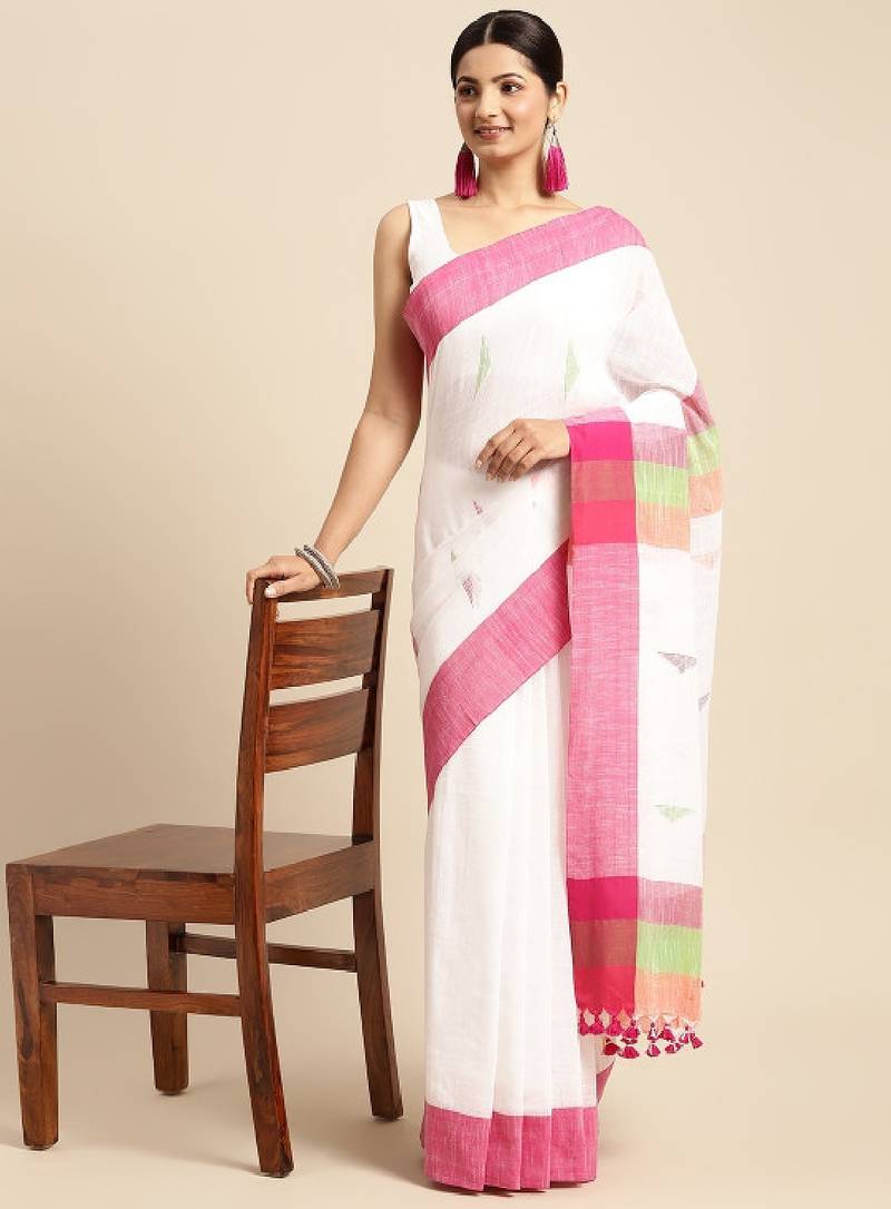 White & pink geometric design pure cotton taant saree