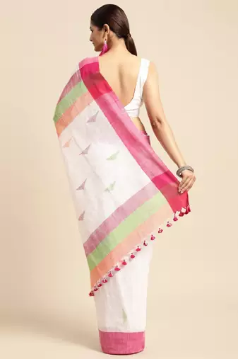 White & pink geometric design pure cotton taant saree