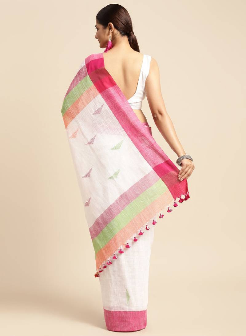 White & pink geometric design pure cotton taant saree