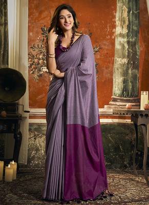 Lavender cotton blend saree with contrast pallu & unstiched blouse piece 1