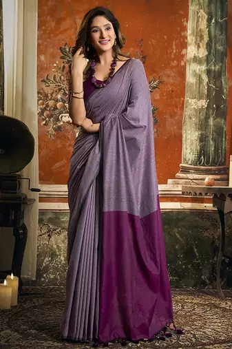 Lavender cotton blend saree with contrast pallu & unstiched blouse piece