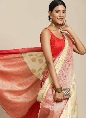 Off white & red ethnic motifs zari kanjeevaram saree 1