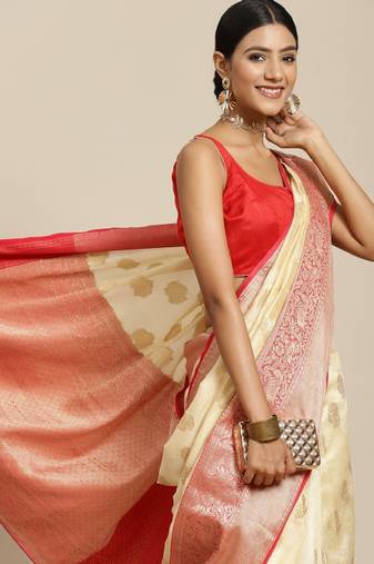 off white kanjeevaram saree with red zari motifs design