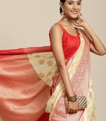 Off white & red ethnic motifs zari kanjeevaram saree