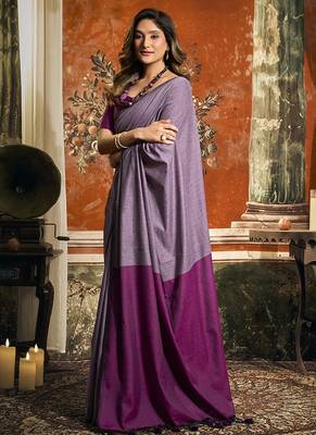 Lavender cotton blend saree with contrast pallu & unstiched blouse piece 2