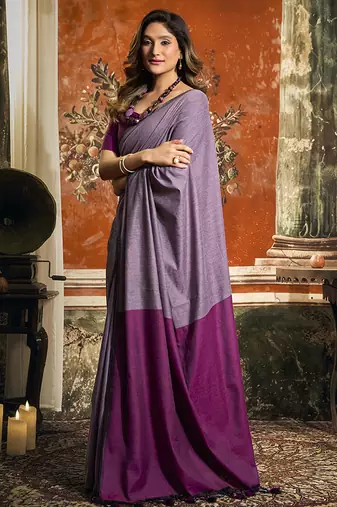 Lavender cotton blend saree with contrast pallu & unstiched blouse piece