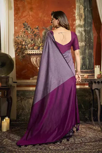 Lavender cotton blend saree with contrast pallu & unstiched blouse piece