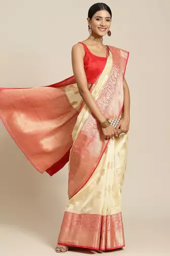 Off white & red ethnic motifs zari kanjeevaram saree