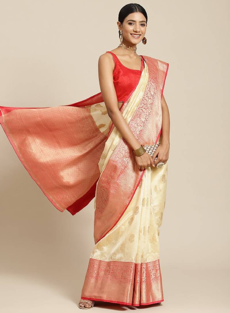 Off white & red ethnic motifs zari kanjeevaram saree
