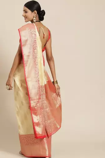 Off white & red ethnic motifs zari kanjeevaram saree