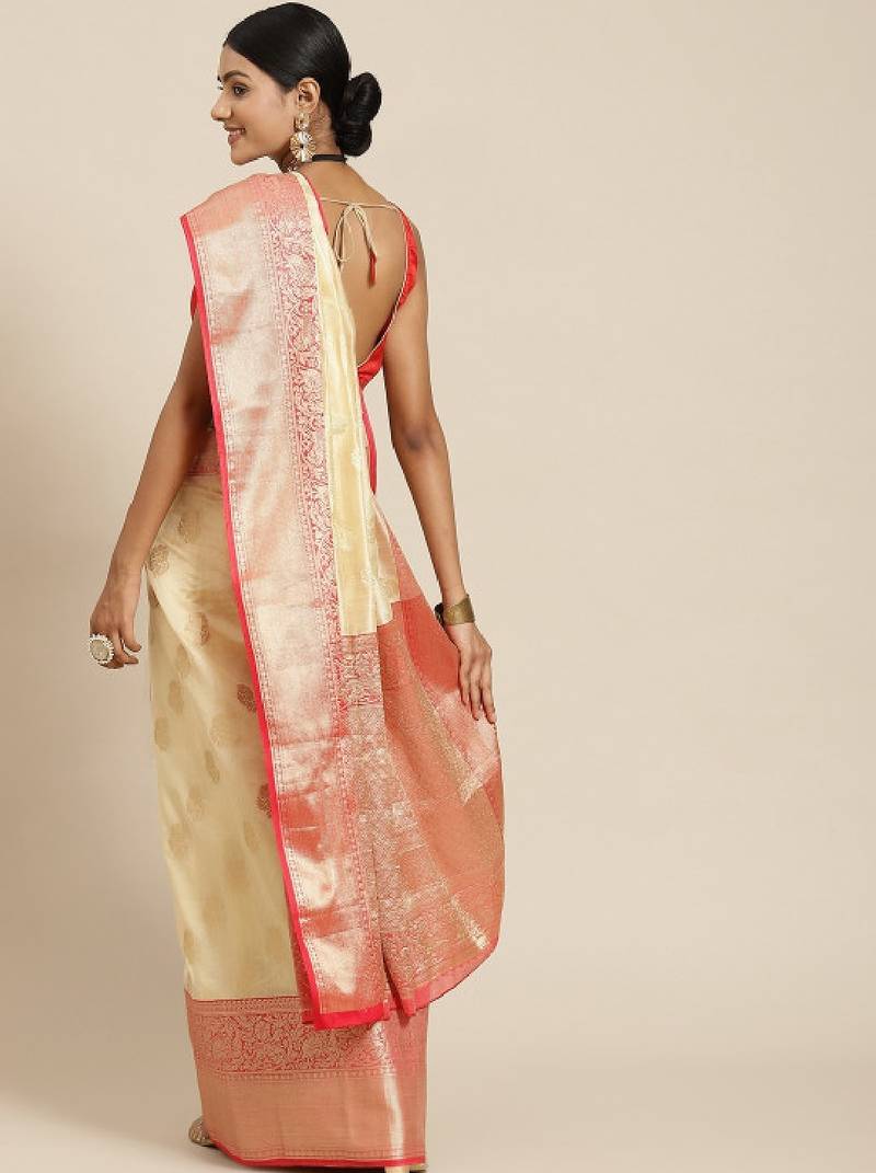 Off white & red ethnic motifs zari kanjeevaram saree