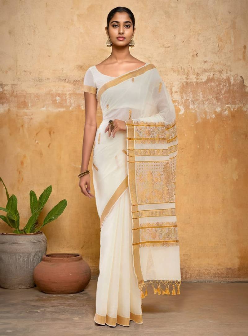 Off white ethnic motif woven design zari pure cotton kasavu saree