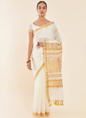 Off white ethnic motif woven design zari pure cotton kasavu saree 2