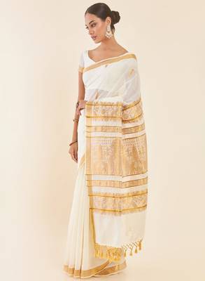 Off white ethnic motif woven design zari pure cotton kasavu saree 3