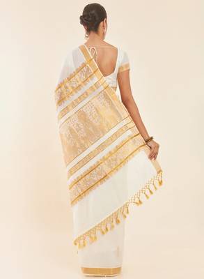 Off white ethnic motif woven design zari pure cotton kasavu saree 4