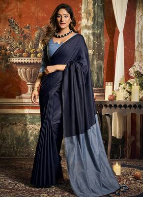 Navy blue cotton blend saree with contrast pallu & unstiched blouse piece 1