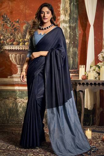 Navy blue cotton blend saree with contrast pallu & unstiched blouse piece